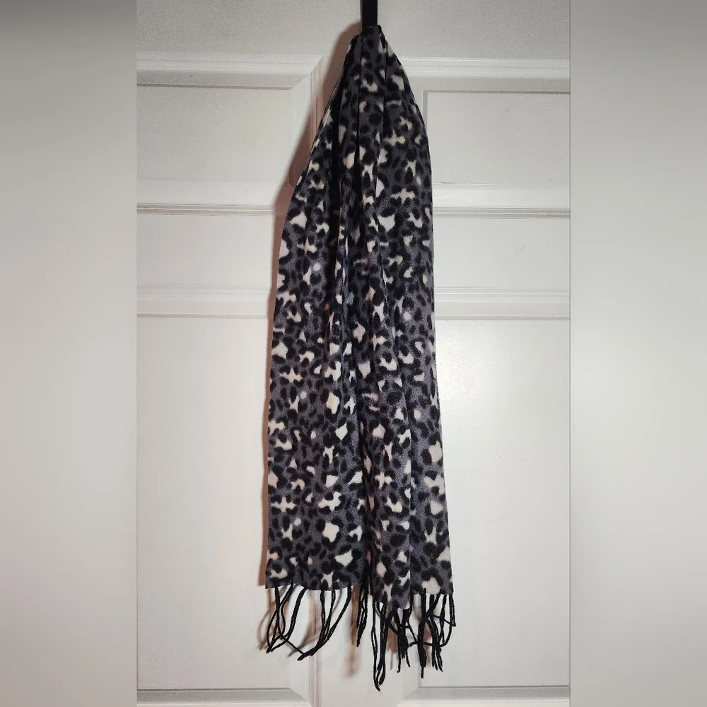 Fleece Leopard Print Scarf with Fringe